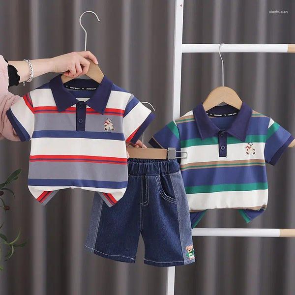 Conjuntos de roupas crianças algodão verão bebê meninos roupas bordar tiras t camisas shorts 2 pçs/set infantil crianças moda criança agasalho