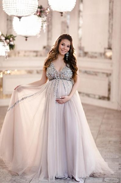 Nova moda maternidade uma linha vestidos de baile frisado lantejoulas cintas de espaguete até o chão pregas tule vestido formal grávida noite 8659452