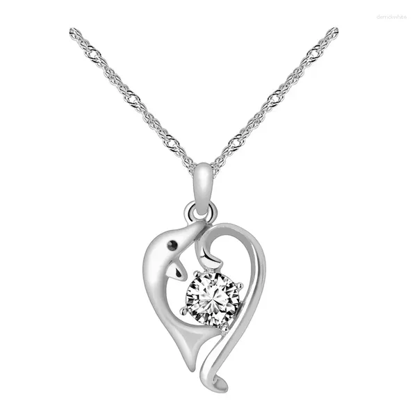 Anhänger-Halsketten NL-00595 Koreanischer Modeschmuck für Frauen, versilberte Kristall-Herz-Delphin-Halskette, Valentinstag-Geschenke