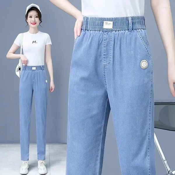 Calças de brim femininas haren denim calças verão cintura alta em linha reta tornozelo comprimento casual streetwear feminino moda coreana calças finas