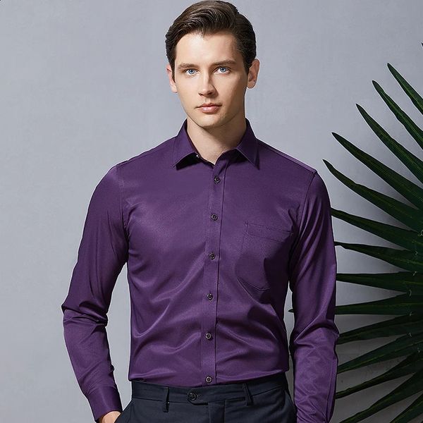 Camicie da uomo camicie formali viola a maniche lunghe per slim fit business allungamento di strumenti professionali antiwinkle blusa maschio 240307
