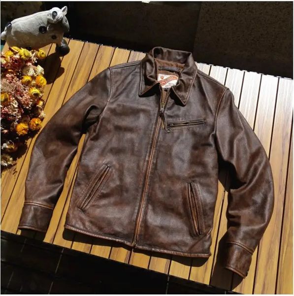YR.Классическое пальто из натуральной кожи в стиле Motor Rider.Мужская винтажная коричневая куртка из воловьей кожи 1930 года.Верхняя одежда из мягкой кожи.Прохладный 240304