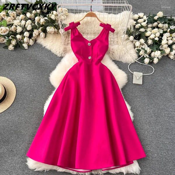 Abiti casual di alta qualità vintage elegante scollo a V solido abito a linea donna designer bottoni decor estate midi lunga festa notturna