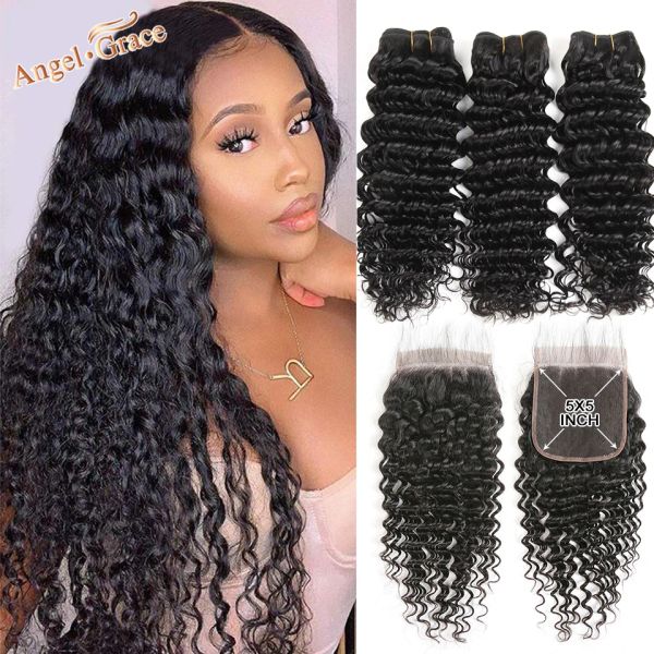 Brasilianisches Deep Weave 3 Bundles mit 5 x 5 Spitzenverschluss, Remy-Echthaar, 828 Zoll, natürliche Farbe, mittlere Ration (M), Angel Grace Hair