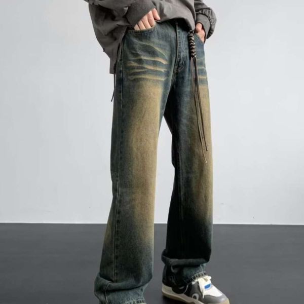 2023 American High Jeans masculino nostálgico estilo BF ligeiramente esfarrapado, solto e versátil, calça de rua