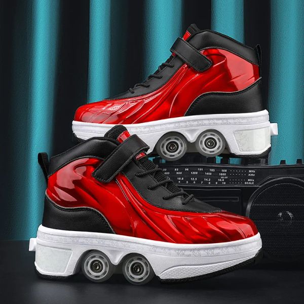 Schuhe PU Leder für Erwachsene Sport Roller Skate Schuhe Freizeitverformung Parkour Sneakers Skates mit 4Wheel für Runden Kinder des Laufens