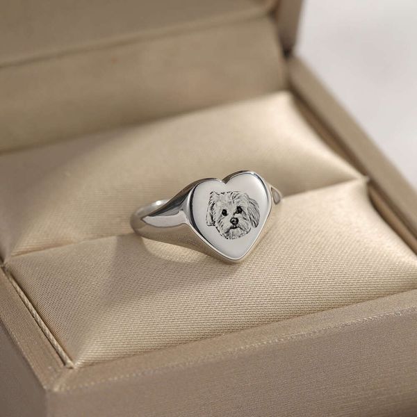 Персонализированная печатка с фотографией питомца на заказ, минималистичный сувенир, изображение сердца, кольцо из нержавеющей стали с гравировкой