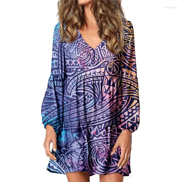 Lässige Kleider Hycool Polynesian Tribal Gradient Print Frauen Lose Schwangere Sommer Elegante V-Ausschnitt Laternenärmel Faltenröcke