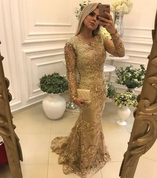 Элегантные золотые кружевные вечерние платья русалки с цветочным узором и длинными рукавами, жемчужным вырезом, вечернее платье для женщин, винтажное платье для выпускного вечера