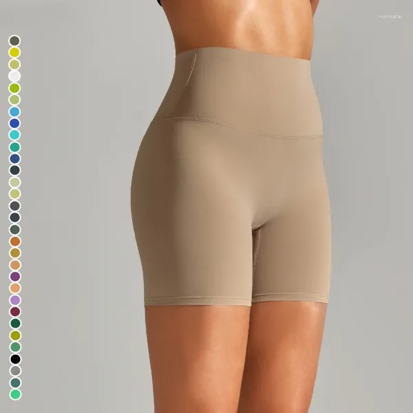 Shorts feminino cor sólida com dupla face escovada apertada e elasticidade de cintura alta