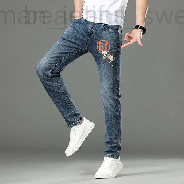 Jeans da uomo firmati H Home Fashion Brand Stampa digitale 2023 Primavera Estate Sottile Slim Fit Elastico Pantaloni slim fit Merci europee Leggero Lusso OLNN HU0H