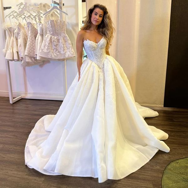 Querida pescoço princesa vestidos de casamento cetim uma linha longos vestidos de noiva rendas apliques marfim espartilho vestido de noiva 2024