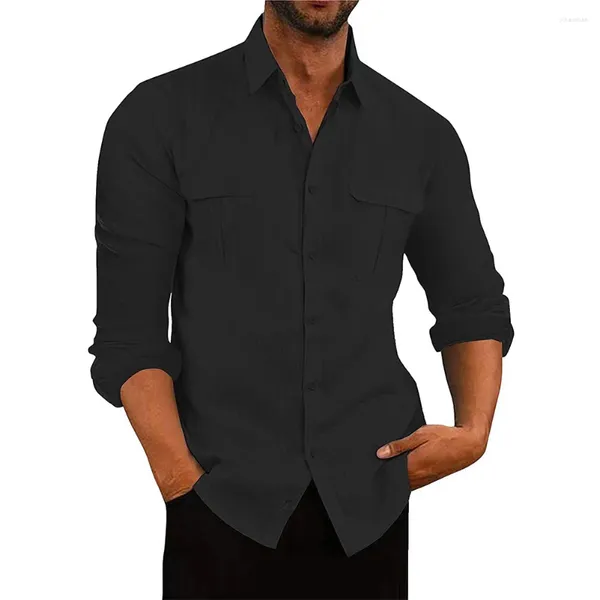 Camisas casuais masculinas na moda camisa masculina blusa solta tops com fecho de botão manga longa colarinho para vestir ou festa