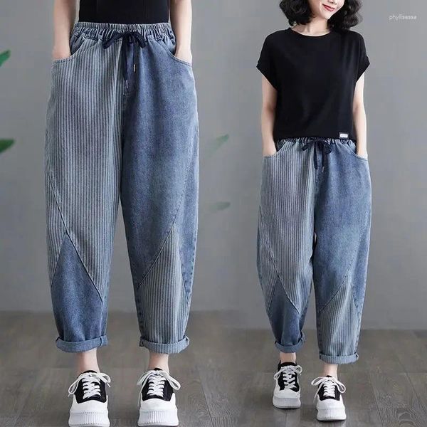 Женские джинсы 2024, весенне-осенние модные свободные универсальные брюки-шаровары с высокой талией и завязками в вертикальной полоске