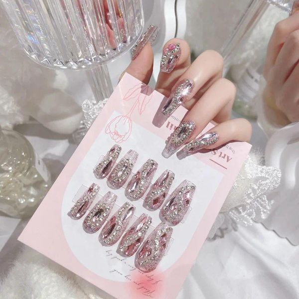 Unghie finte Punte di strass per nail art 3D per la sposa e la signora Indossabile con design in cristallo dolce Stampa su toppa finta di media lunghezza