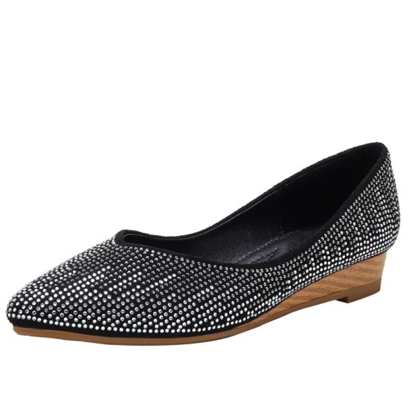 Сапоги Women Ballet Wedge Crystal Diamond Dress Flats Ladies Внутреннее увеличение для одиночной обувь с туфли с заостренным туфли для гороха