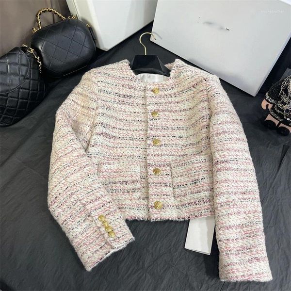 Damenjacken, französische kurze Tweed-Jacke, elegantes Luxus-Herbst-Winter-Langarm-Cardigan mit goldenen Knöpfen und rundem Kragen, kurzes Oberteil