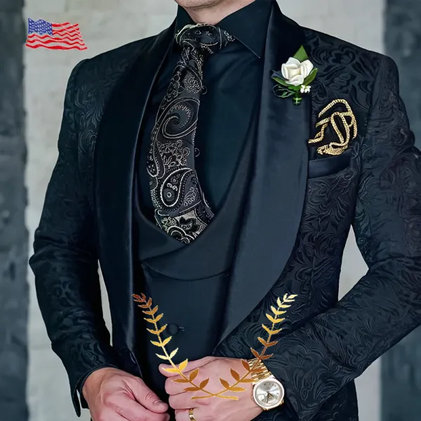 Suits Resmi Çiçek Erkek Takım Düğün Damat Smokin Üç Parça Siyah Parti Elbise İnce Fit Tasarım Zarif Erkekler Takım