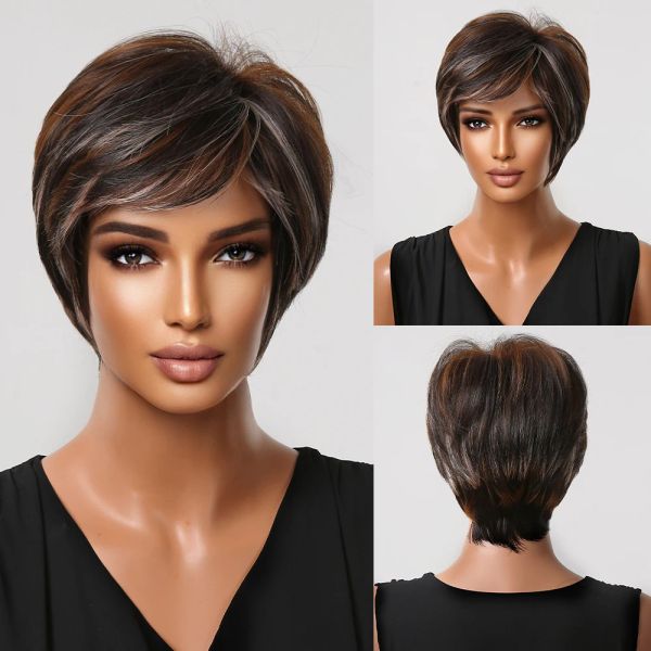 Peruklar kısa pixie kesilmiş kahverengi peruk sarışın vurgulamak, siyah kadınlar için düz sentetik peruklar ısıya dayanıklı sahte saç cosplay perukları