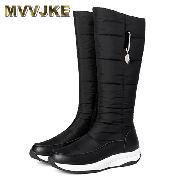 Botas mvvjkefashion feminino de inverno couro cuias de joelho botas impermeabilizadas botas de neve femininas calçadas quentes plataforma sapatos pretos vermelhos