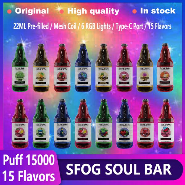 Orijinal SFOG Puff 15000 Vapes Tek Kullanımlık Puf Soul Bar 15000 Puffs Vaper 15k Puff E Sigara 22ml Önceden Doldurulmuş 15 Tatlar Vape Cihaz 6 RGB Işıklar Buhar Kalemi