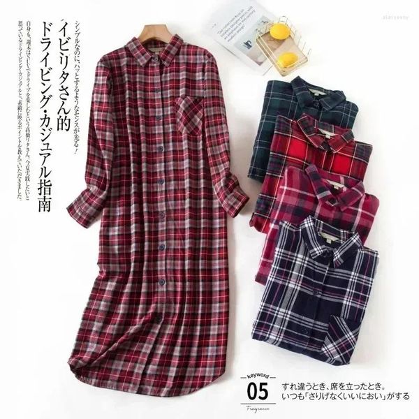 Women's Sleepwear Casual Long Female Sleepshirts Women Home Autumn Sleeve Dress Large Spring Cotton 2024 Night Plaid Size Nightgown