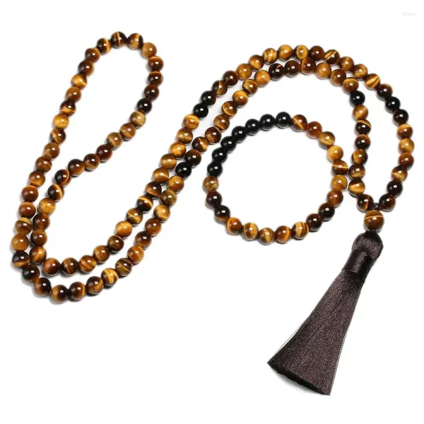 Halskette, Ohrringe, Set aus natürlichem 8 mm Tigerauge-Stein der Güteklasse A und schwarzen hellen Onyx-Perlen, Halskette, 108 Perlen, Mala-Schmuck, Buddha-Gebetsarmband