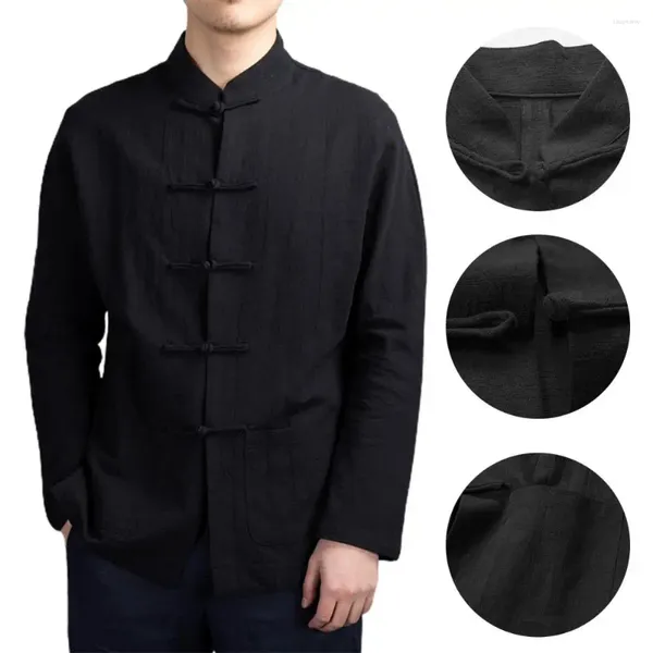 Camicie casual da uomo Camicia con colletto rialzato tinta unita in stile tradizionale cinese con manica lunga alla coreana caratterizzata da Kung