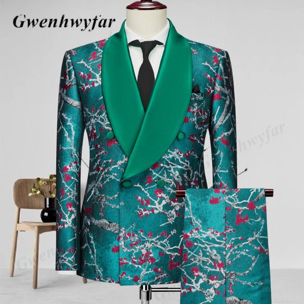 Костюмы Gwenhwyfar Plum Bossom Floral Men Party Suits Double Breads New Peacock Green Men's Elegant Shaum