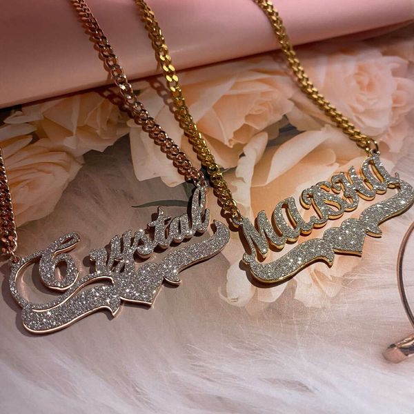 Personalizzato con collana con nome a cuore Ciondolo con targhetta personalizzata Catena di adesivi bling fatta a mano per lei