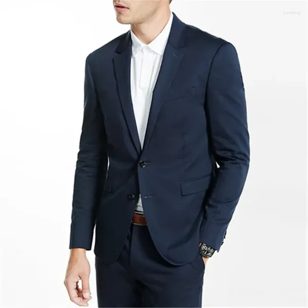 Ternos masculinos traje homme azul marinho blazer calças masculinas 2 pçs (jaqueta calças gravata) 2 botão mais recente design casual homem roupas de casamento