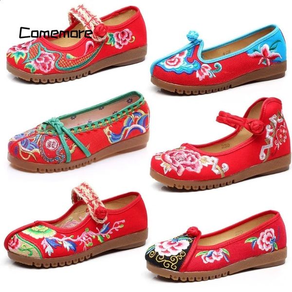 Comemore Antigo Hanfu Mulheres Estilo Tradicional Bordado Dança Étnica Sapato de Salto Baixo Vermelho Flats Chinês Sapatos de Pano de Fundo Plano 240307