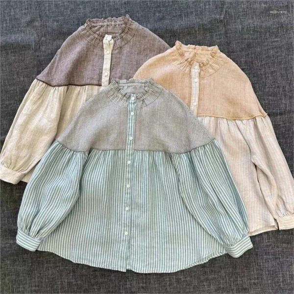 Blusas femininas johnature japonês linho xadrez camisa feminina primavera casual stand-up colarinho boneca 2024