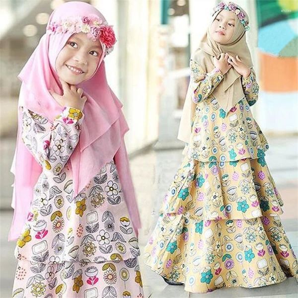 Abbigliamento etnico Ragazze musulmane Fiori Abito da preghiera Hijab Abaya Abito arabo Dubai Bambini Ramadan Set Bambini Caftano Foulard Abito islamico Eid