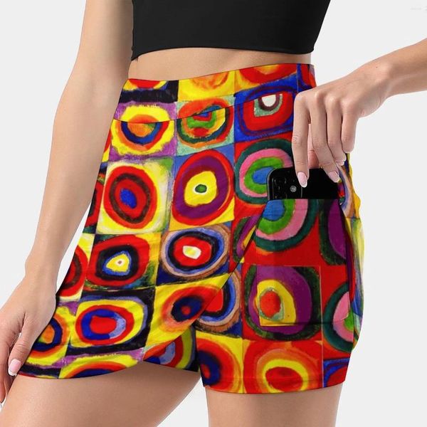 Gonne Kandinsky Moderne Quadrati Cerchi Colorati Gonna da donna Mini Linea A con tasca in pelle Doodlefly Abstract