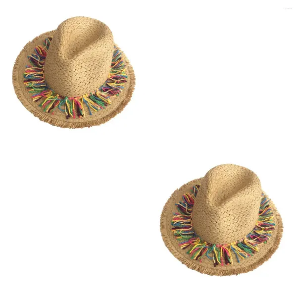 Berretti 2 pezzi Cappello da spiaggia Elegante protezione solare con nappa colorata Protezione in paglia