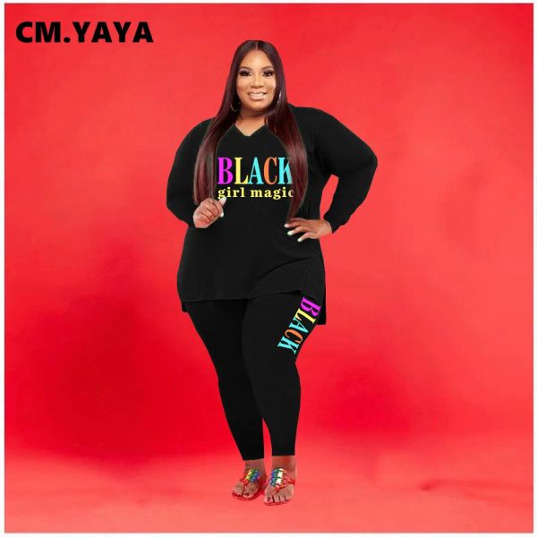 Sets CM.Yaya Women Plus Size Tracksuit Drucken Lange Tops + Stretchy Hosen Zwei 2 -teilige Sets Mode Maxi Outfits Casual Sweatsuit Herbst