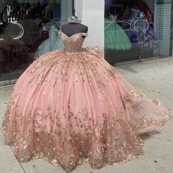 Goldenes verziertes Bonbon-16-Quinceanera-Kleid mit Spitzenapplikationen, Cocktailkleider, Vestidos de Baile, Ballkleid