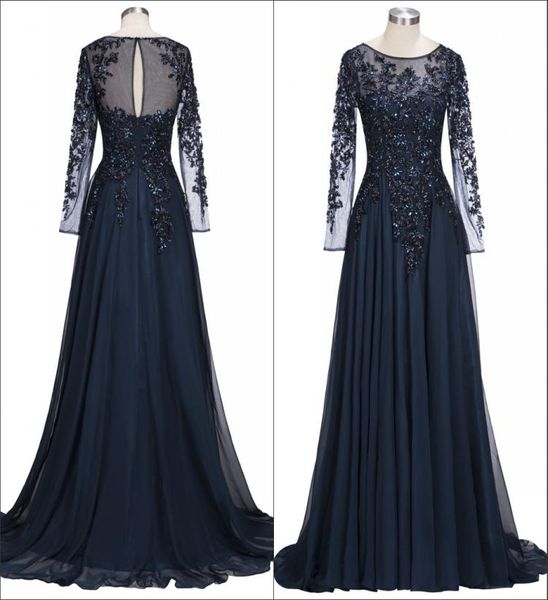 Темно-синие прозрачные шифоновые платья с длинными рукавами для матери невесты, камни из бисера длиной до пола, вечерние платья для вечеринок BA91358052137