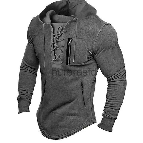 Erkek Hoodies Sweatshirts Sonbahar İlkbahar Üst Dantel Çizme Düz Renk Uzun Kollu Fermuar Cepleri Sokak Giyim Orta Uzunluk Hoodie 24318