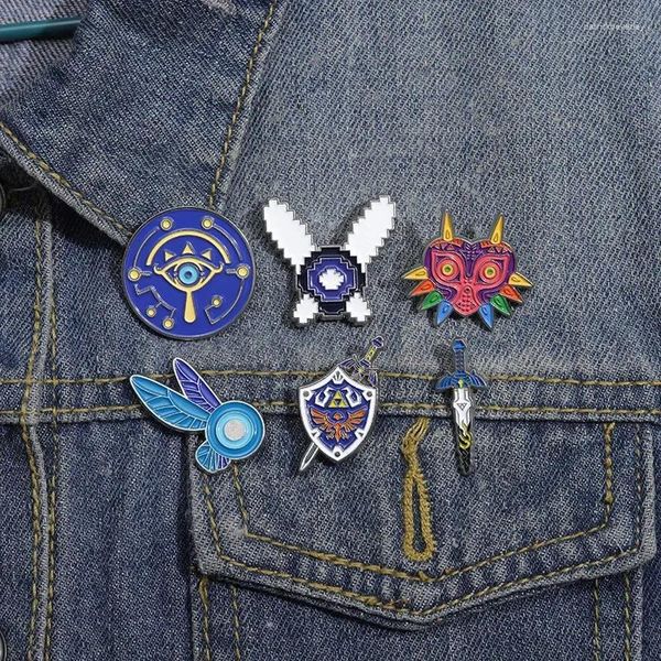 Broches criativos de animação de anime, jogo periférico de desenhos animados, escudo de espada, pintura de cozimento, emblema de liga, botão de broche para mulheres