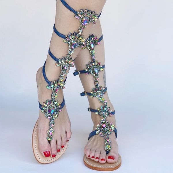 Sandalet Öncesi Diy Yaz Daireleri Sandal Gladyatör Altın Rhinestone Diz Yüksek Kayış Kadın Botlar Kristal Plaj Ayakkabıları Artı Boyut 43