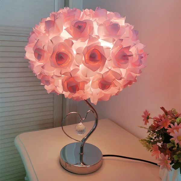 Rose candeeiro de mesa estilo pastoral coração cristal lâmpadas de cabeceira para quarto decoração meninas presentes decorativo nightlight 240314