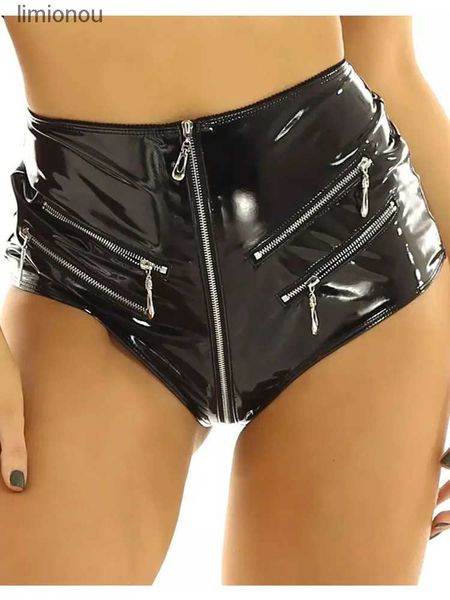 Shorts femininos S-4XL cintura alta PVC Hot Shorts Mulheres Brilhante PU Couro Zíper Aberto Virilha Calça Jeans Curtas Calças Alta Corte Troncos Micro Mini BermudasC243128