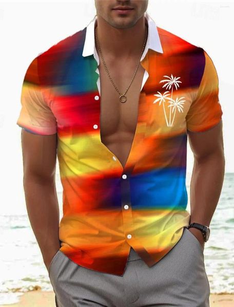 Camisas casuais masculinas gradiente palmeira tropical resort havaiano 3d impresso camisa botão até manga curta verão praia férias uso diário