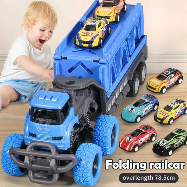 Diecast modelo carros deformável ferroviário ejeção dobrável grande caminhão brinquedos para crianças recipiente transportador playset crianças natal aniversário giftl2403