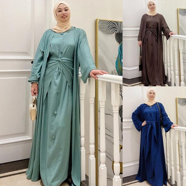 Ethnische Kleidung Muslimisches Kleid 3-teilige Anzüge Elegante lange islamische offene Abayas Hijb Wickelröcke Frauen Modest Wear Ramadan