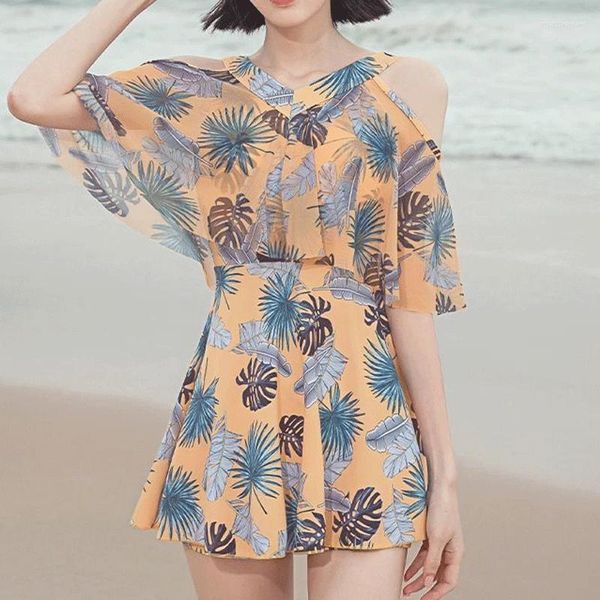 Roupa de banho feminina 2024 coreano verão conservador cores contrastantes elegante havaiano fora do ombro praia roupas de banho