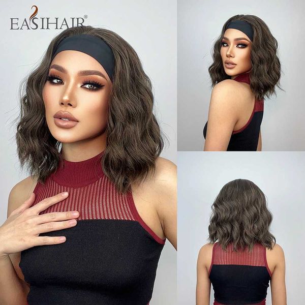 Perucas sintéticas EASIHAIR Brown Curto Headband Wig para Mulheres Curto Ondulado Bob Peruca Sintética Premium Silky Natural Headband Wig Resistente ao Calor 240328 240327