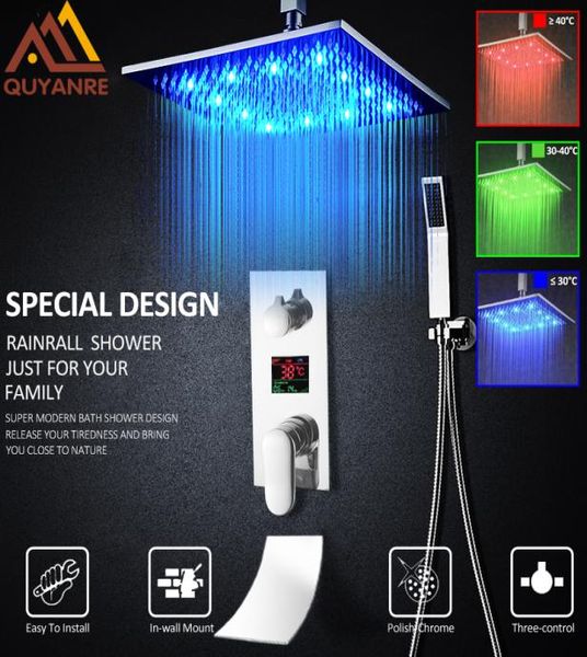 Quyanre Rubinetti per doccia digitali a 3 funzioni Set Soffione a pioggia a LED Soffione a cascata Rubinetto miscelatore digitale a 3 vie Doccia per bagno8119402